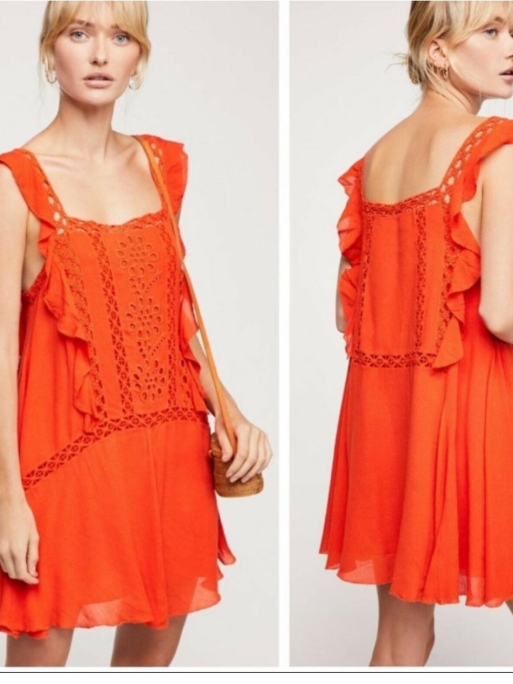 Free People Priscilla Ruffled Crochet Trim Coral Mini Dress Small